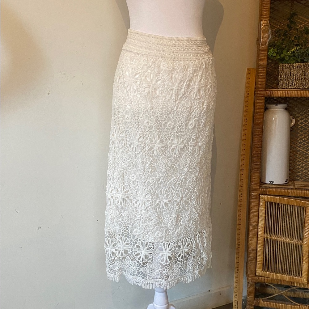 Vintage Y2K white lace pencil skirt wide waist band maxi length long medium